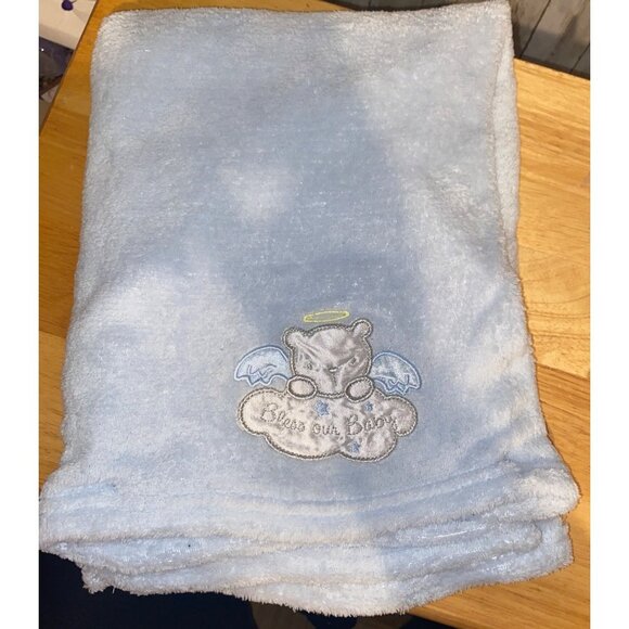 Baby Starters Blue Bless Our Baby Blanket Nursery Swaddle 29” X 26” Angel Bear - Picture 1 of 8